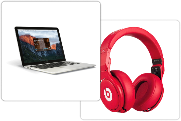 Laptop and headphones on a white background